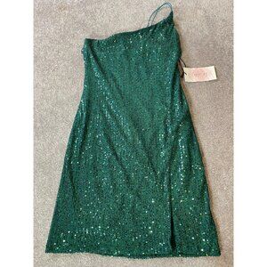 NWT Crystal Sky Green Sequin One-Shoulder Dress Spaghetti Strap Size 10